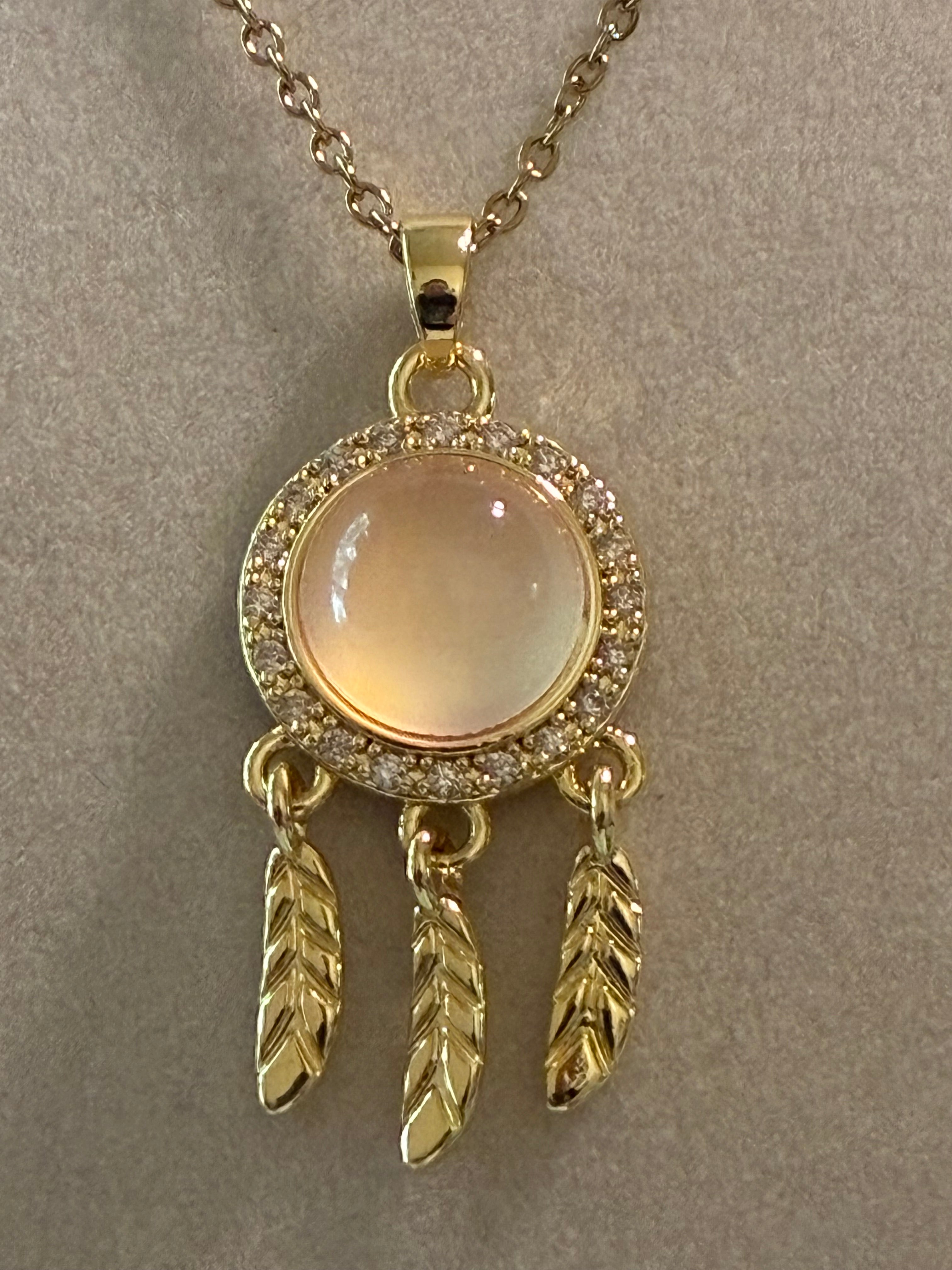 Stainless steel gold plated, dreamcatcher with moonstone and rhinestones, feather pendants