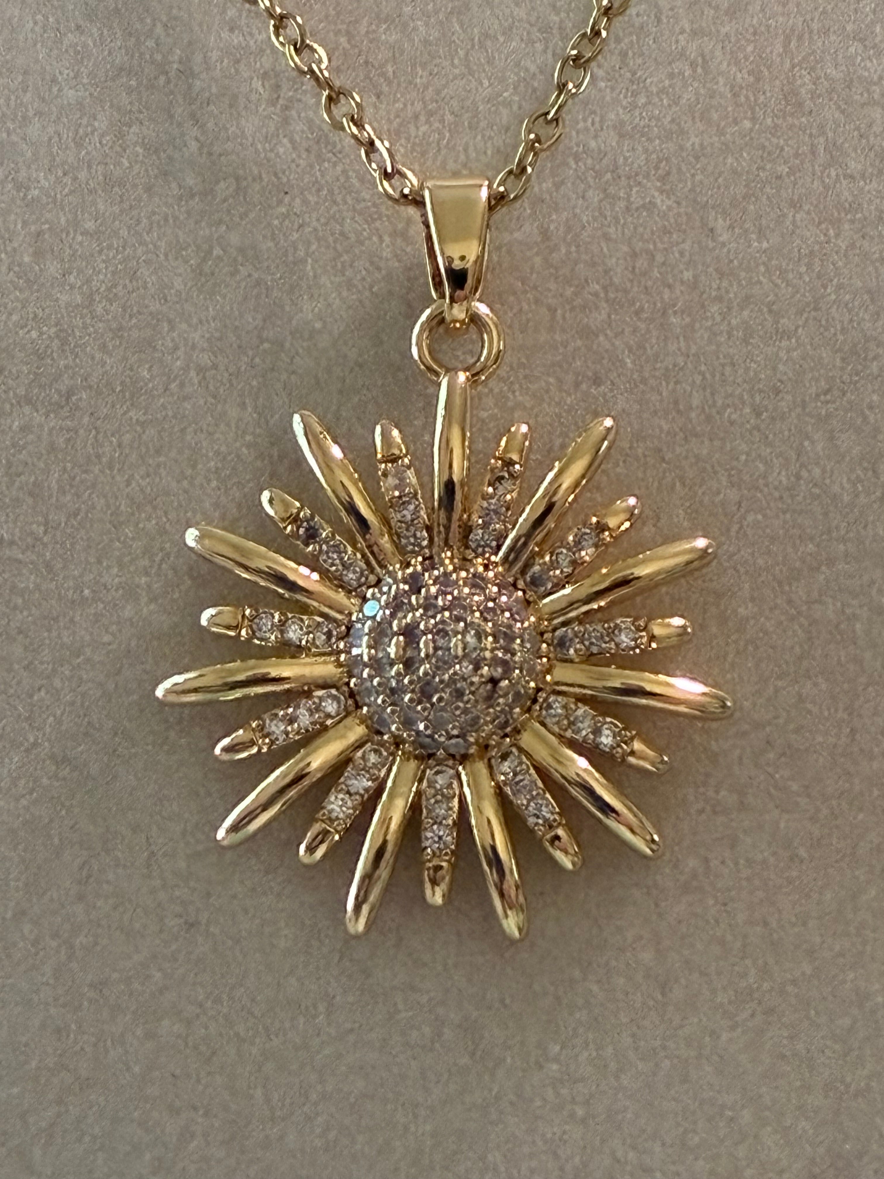 Stainless steel, sunflower, gold plated with rhinestones ￼