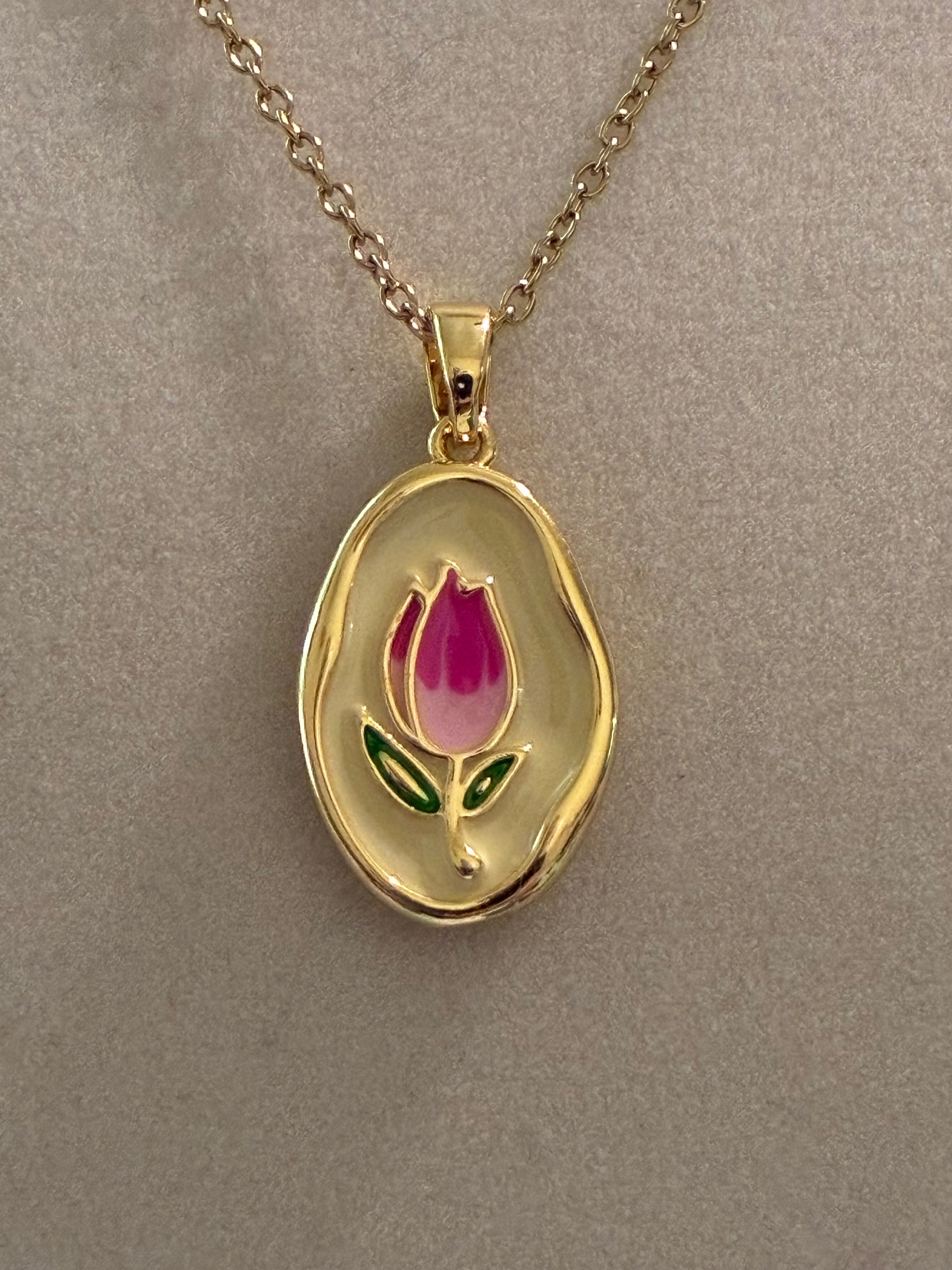 Stainless steel, gold plated, pink tulip
