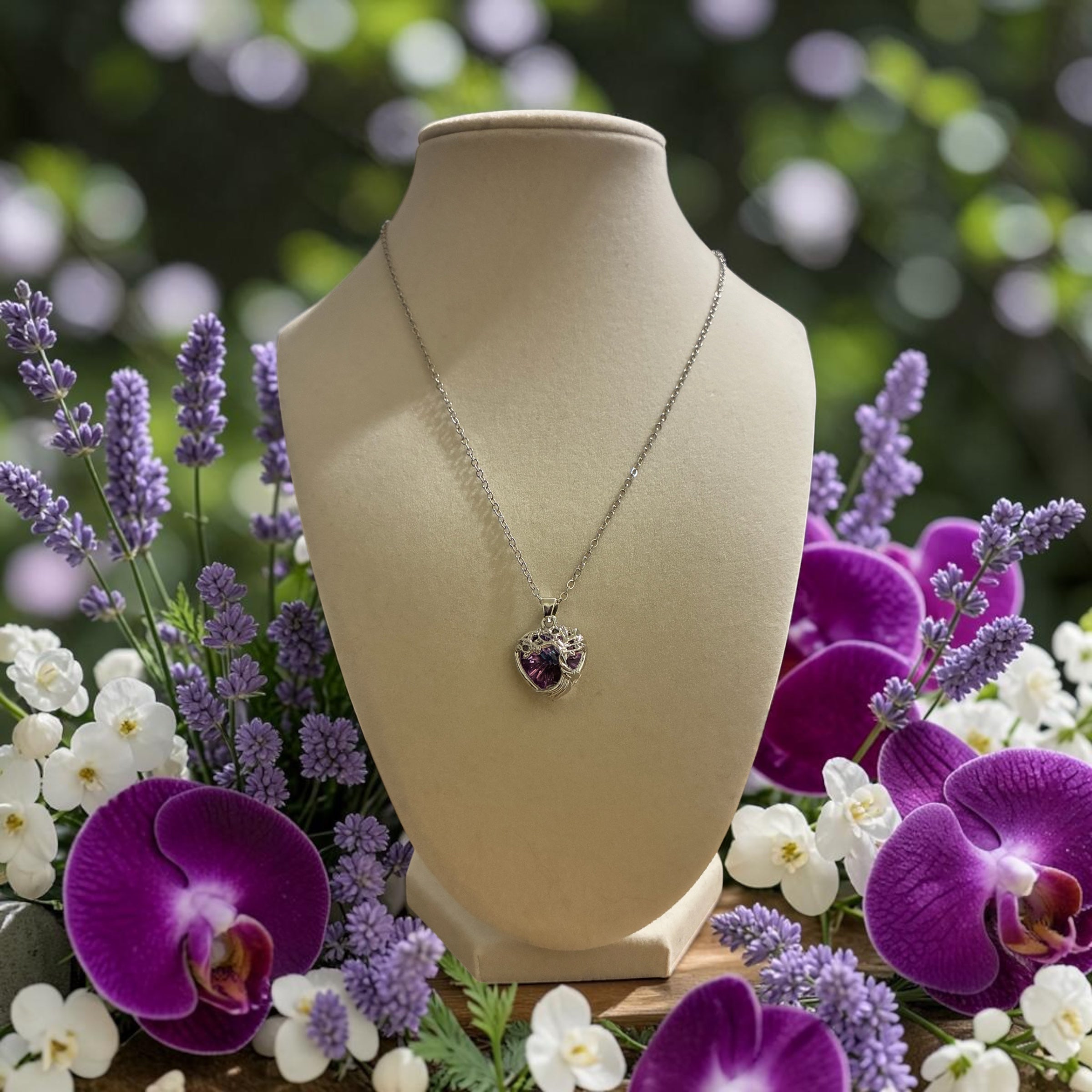 Silver plated tree of life with purple stone heart