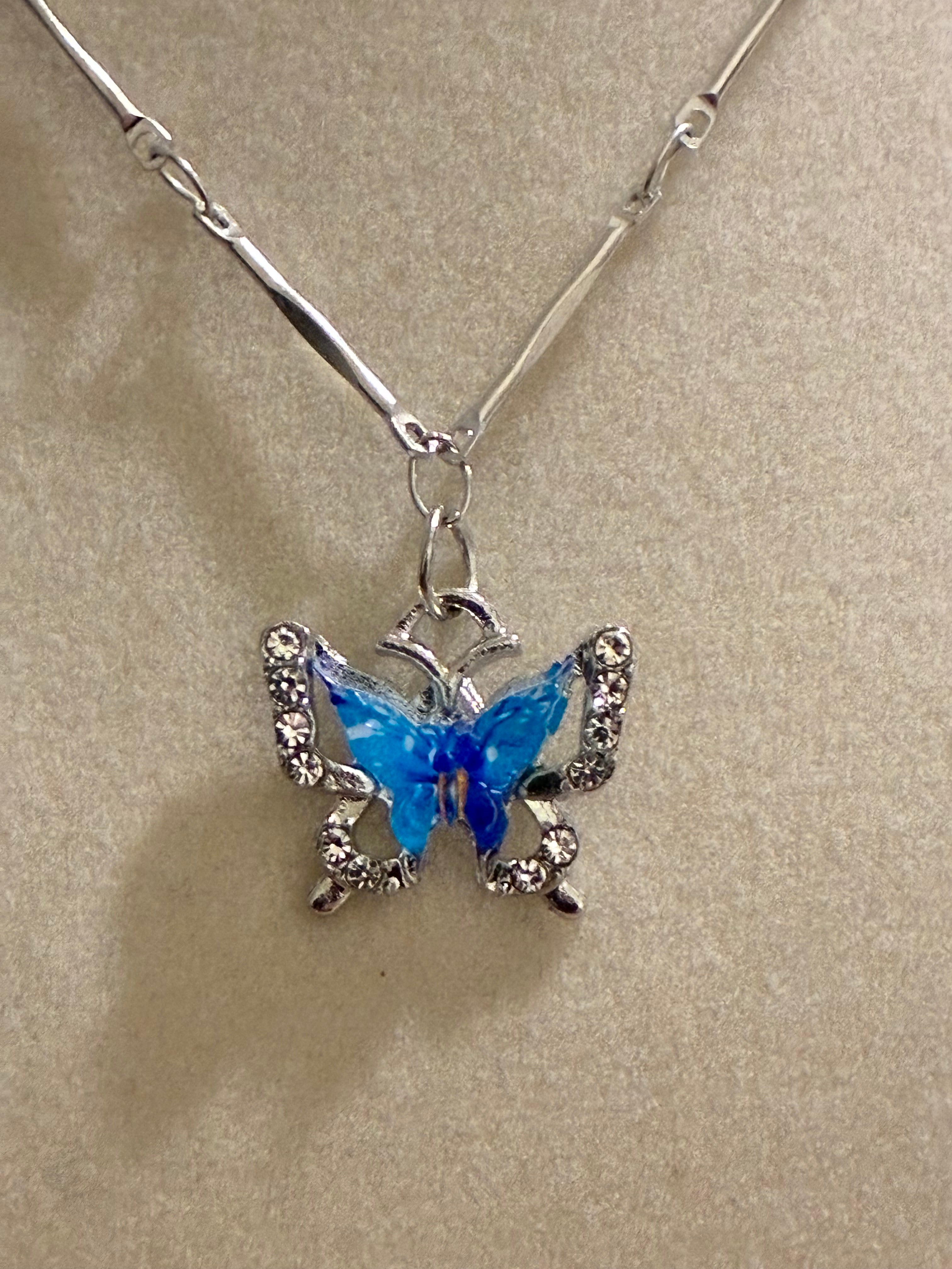 Silver plated blue stone butterfly with rhinestones