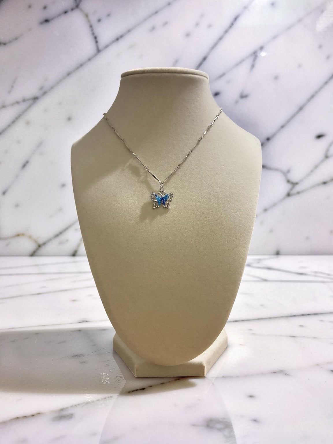 Silver plated blue stone butterfly with rhinestones