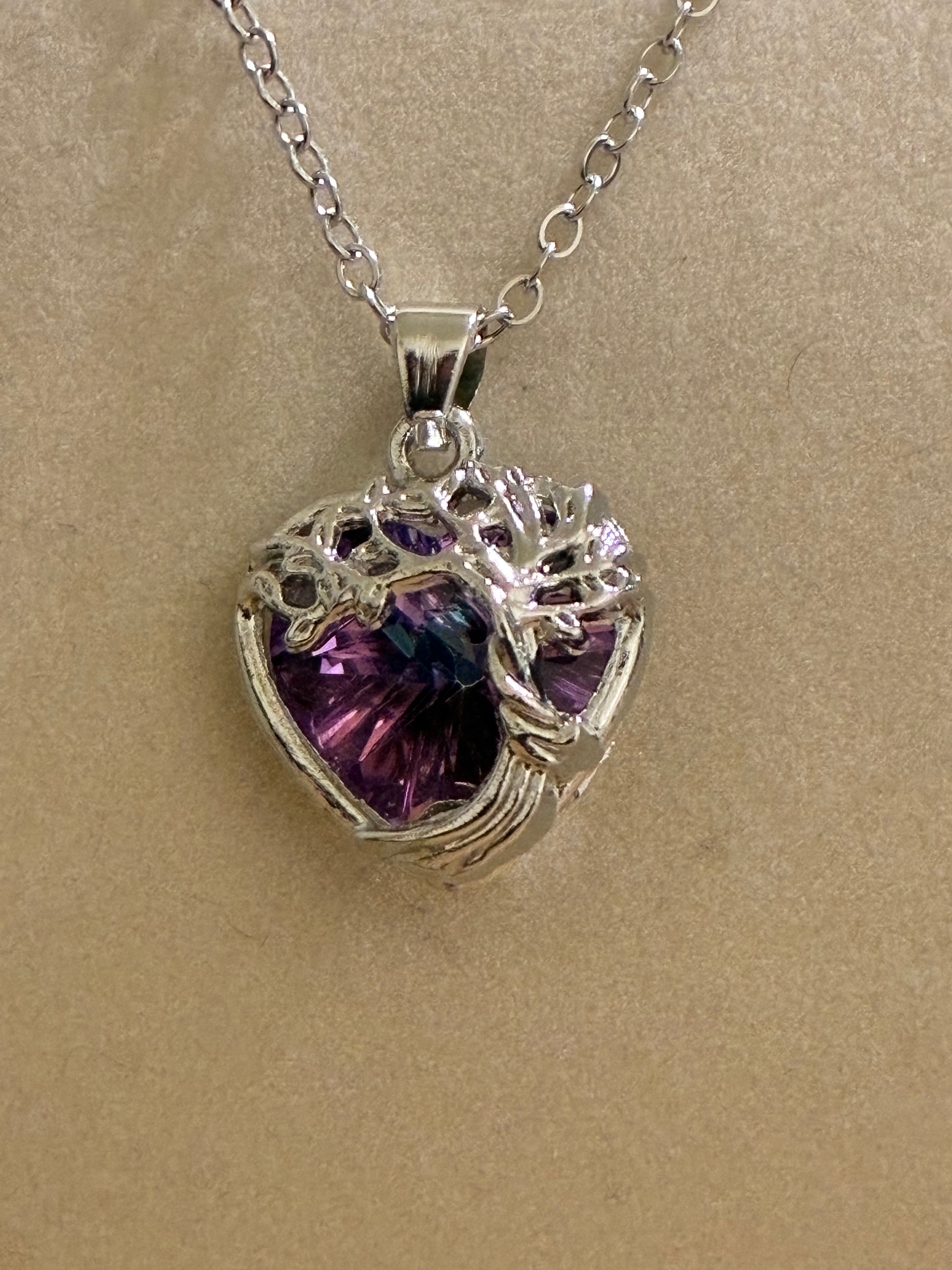 Silver plated tree of life with purple stone heart