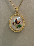 Stainless steel, gold plated, flower painting with pearl ￼