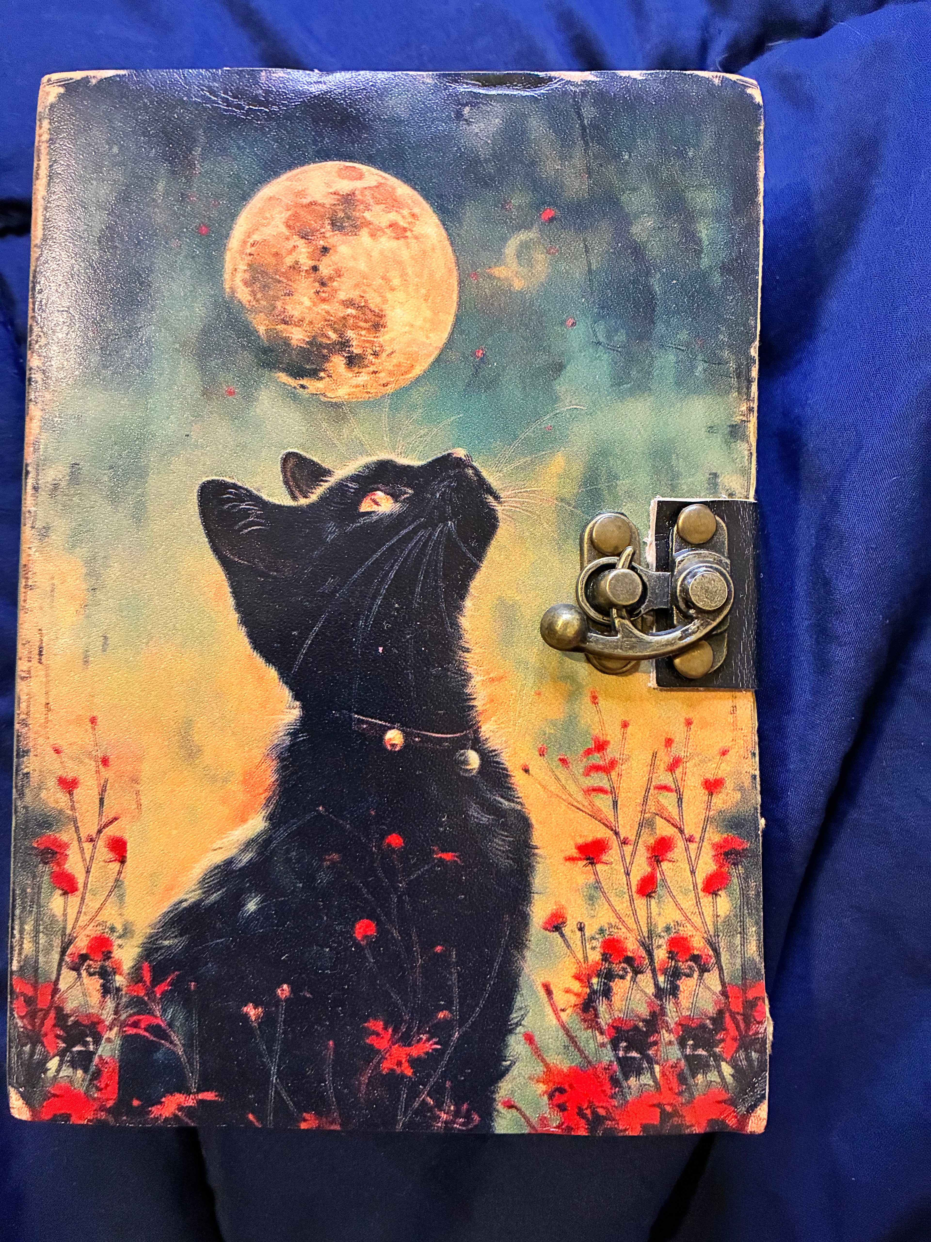 Black cat leather journal