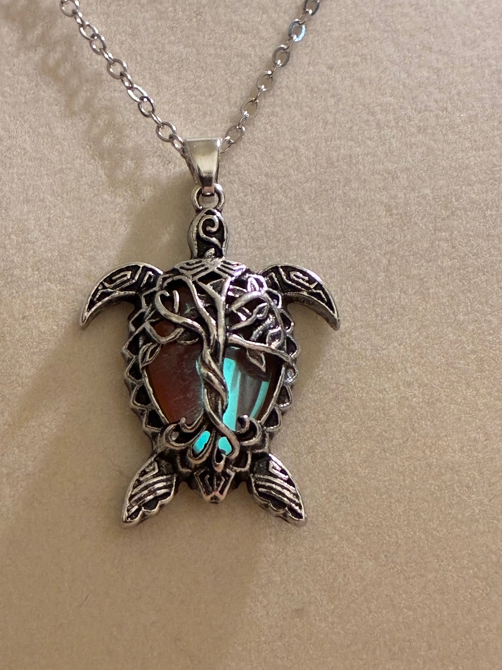 Silver plated tree of life sea turtle pendant with moonstone