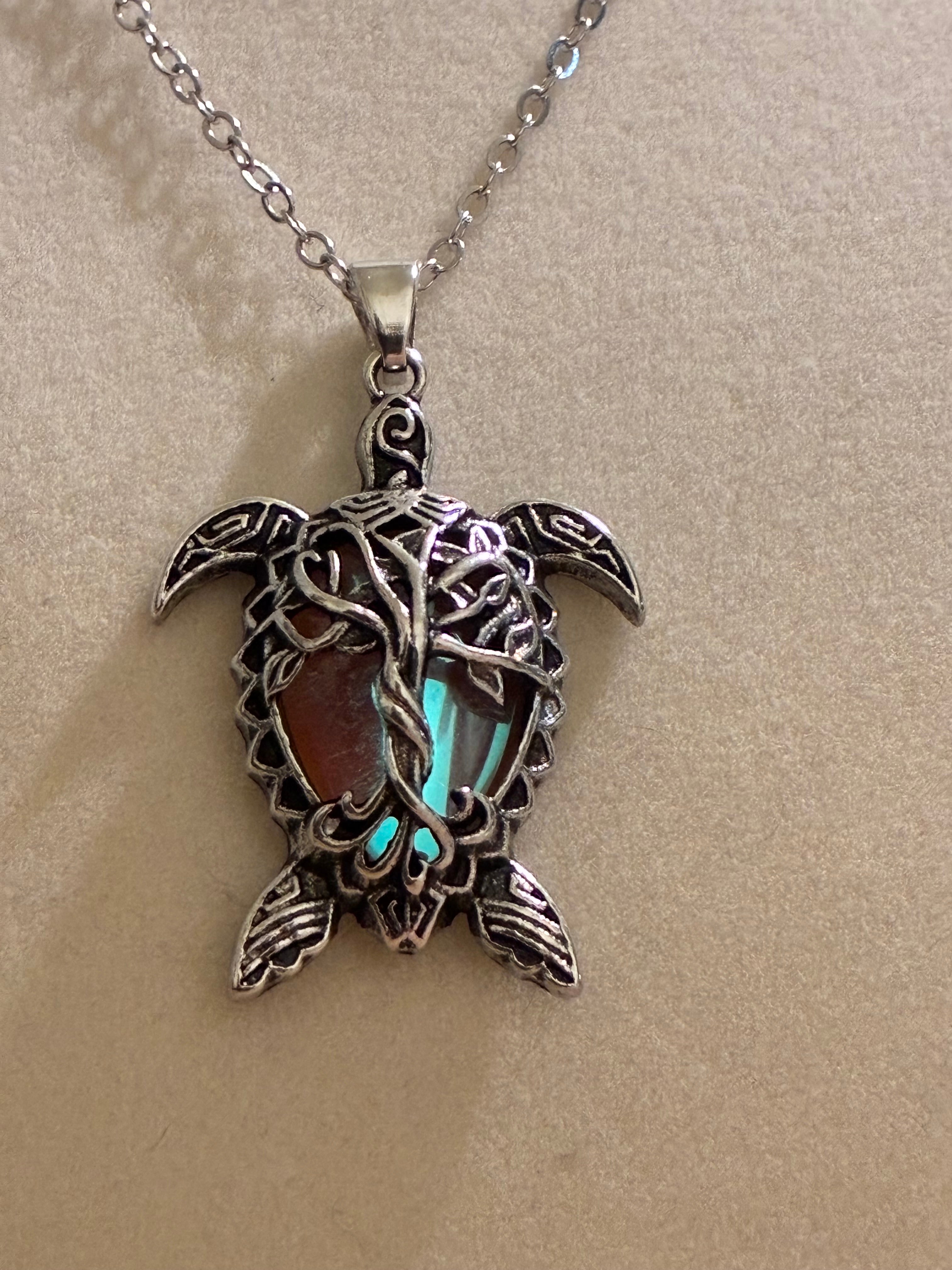 Silver plated tree of life sea turtle pendant with moonstone