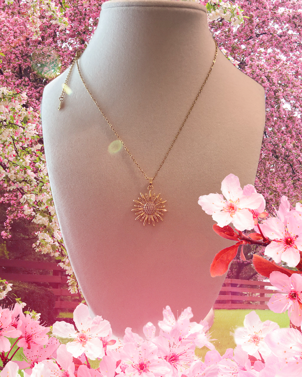 Stainless steel, sunflower, gold plated with rhinestones ￼