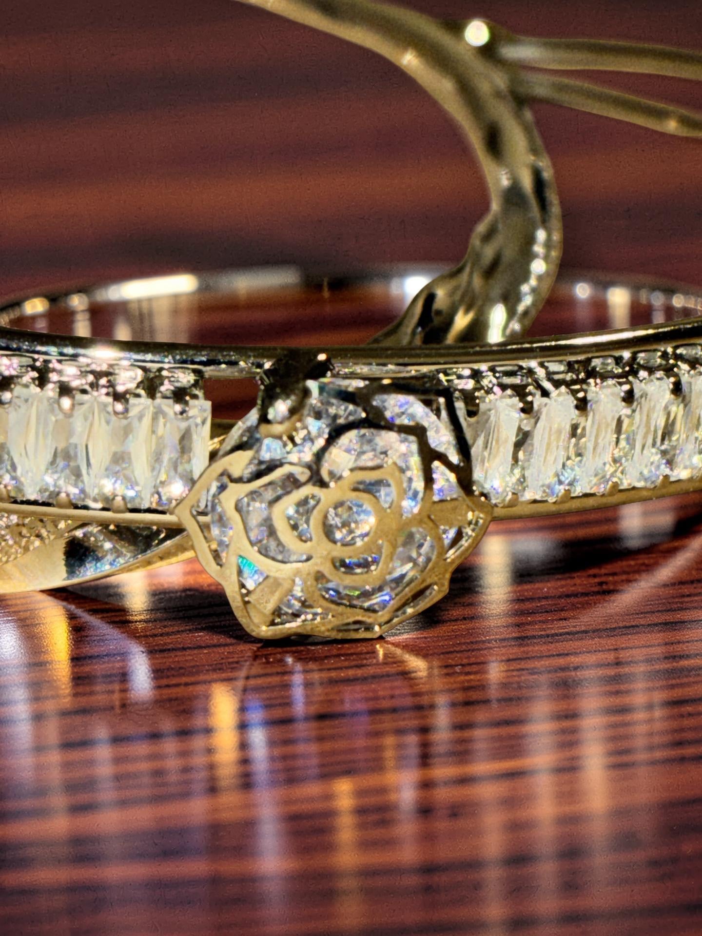 Silver plated bracelet and cuff, flower with rhinestones