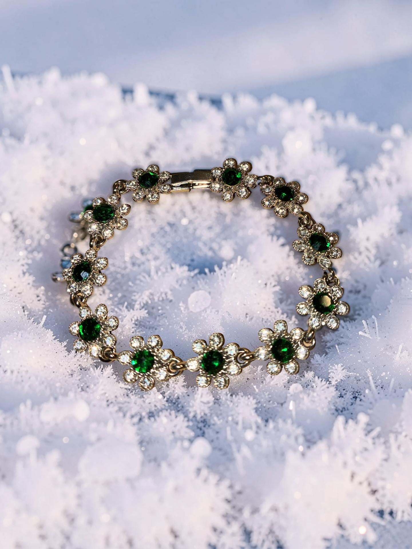 Silver plated, green rhinestone flowers