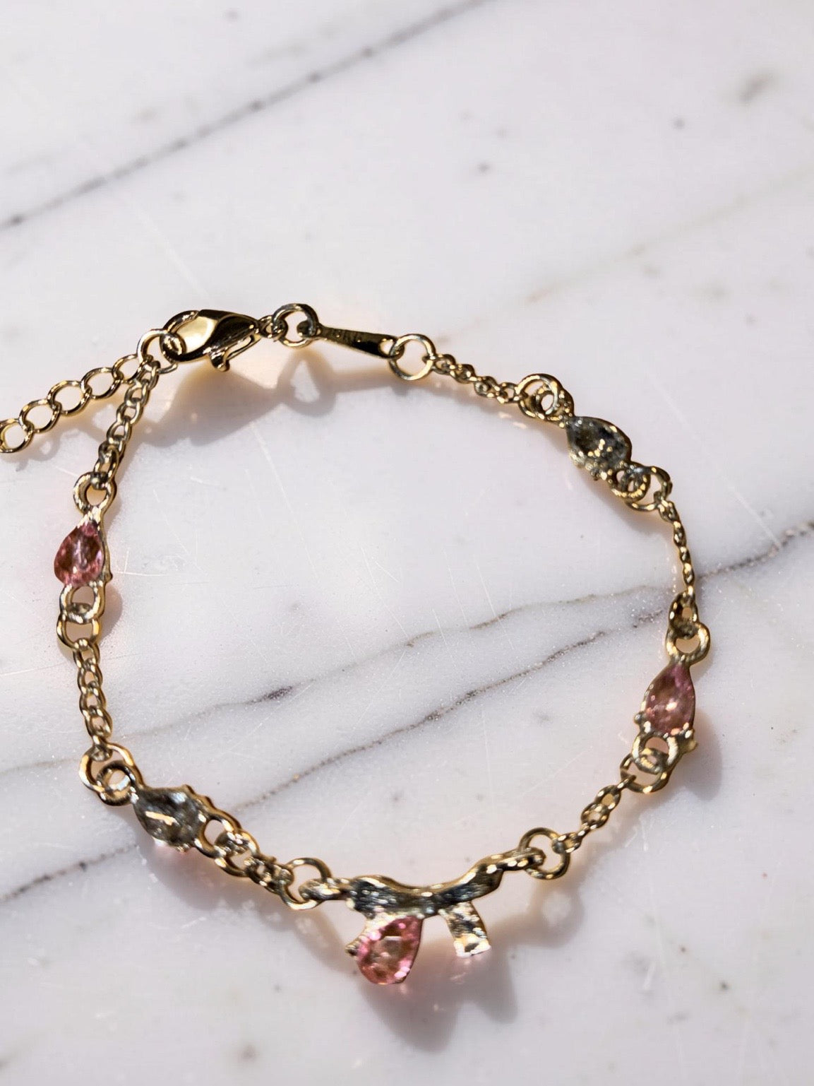 Stainless steel gold plated pink rhinestones bow
