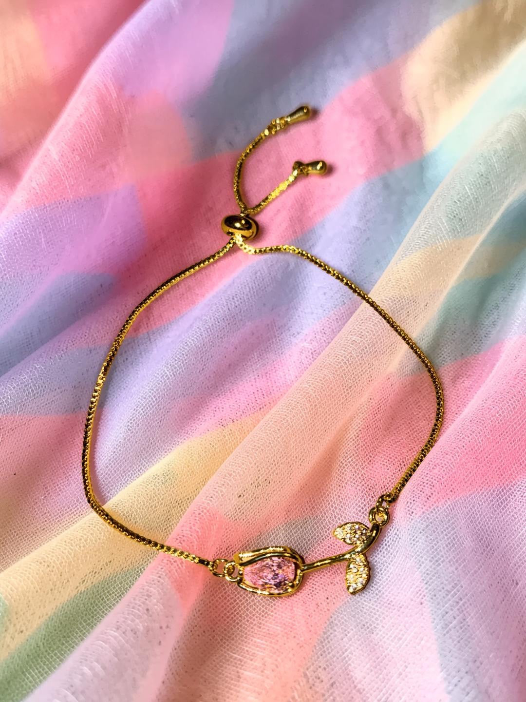 Gold plated pink rose with rhinestones