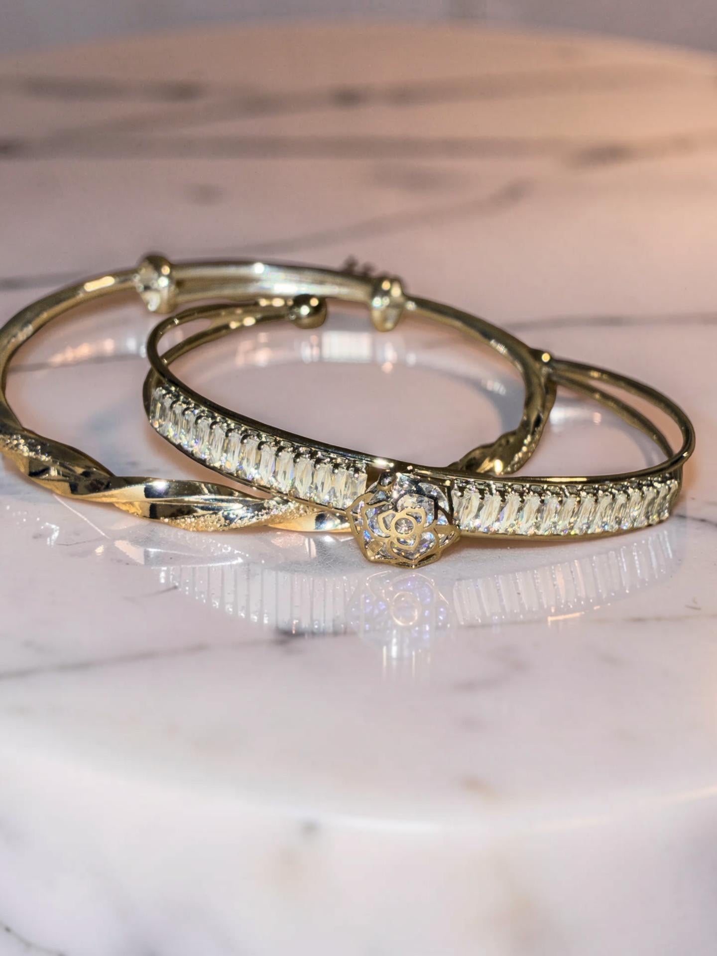Silver plated bracelet and cuff, flower with rhinestones