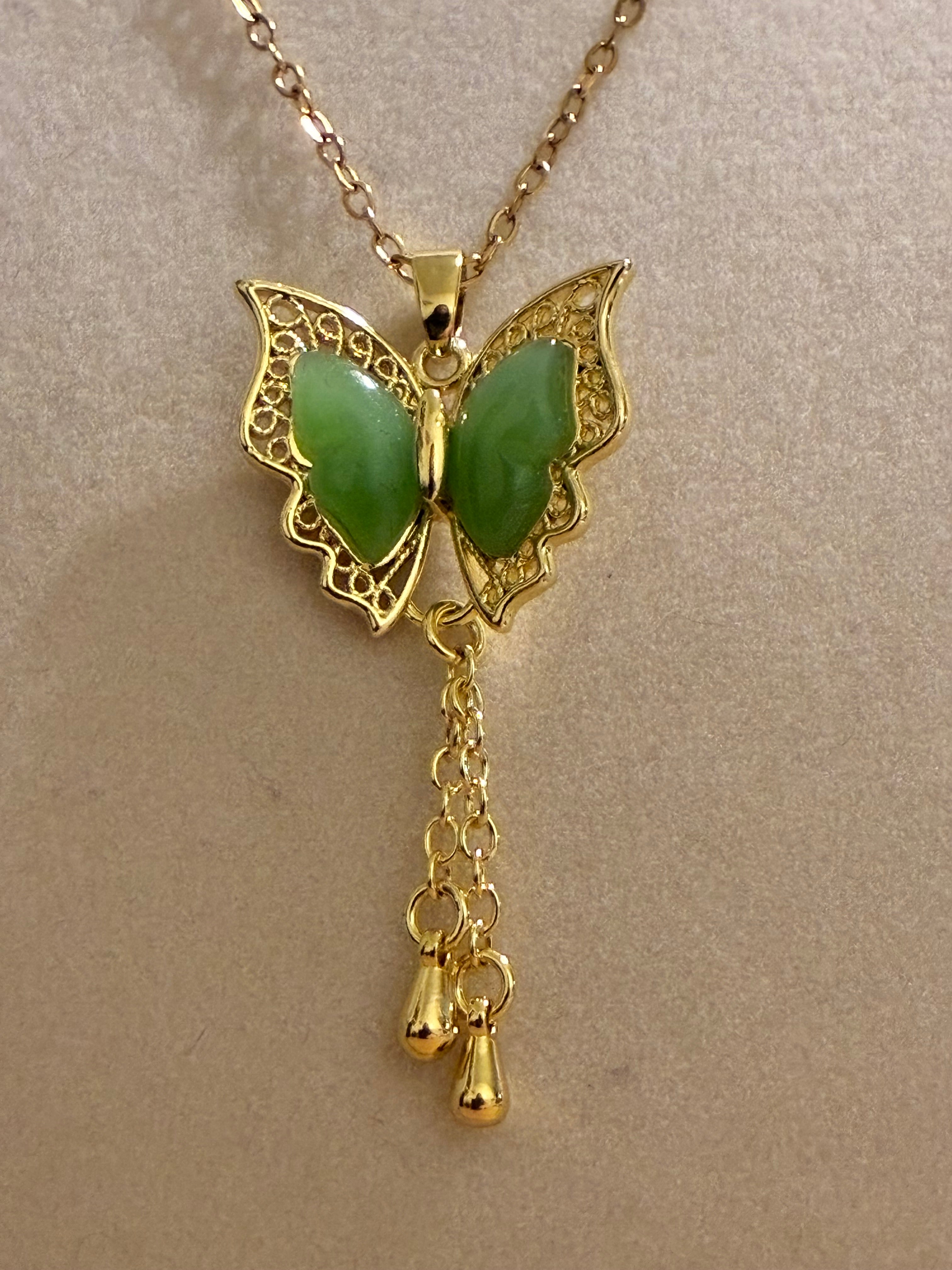 Stainless steel gold plated green stone butterfly