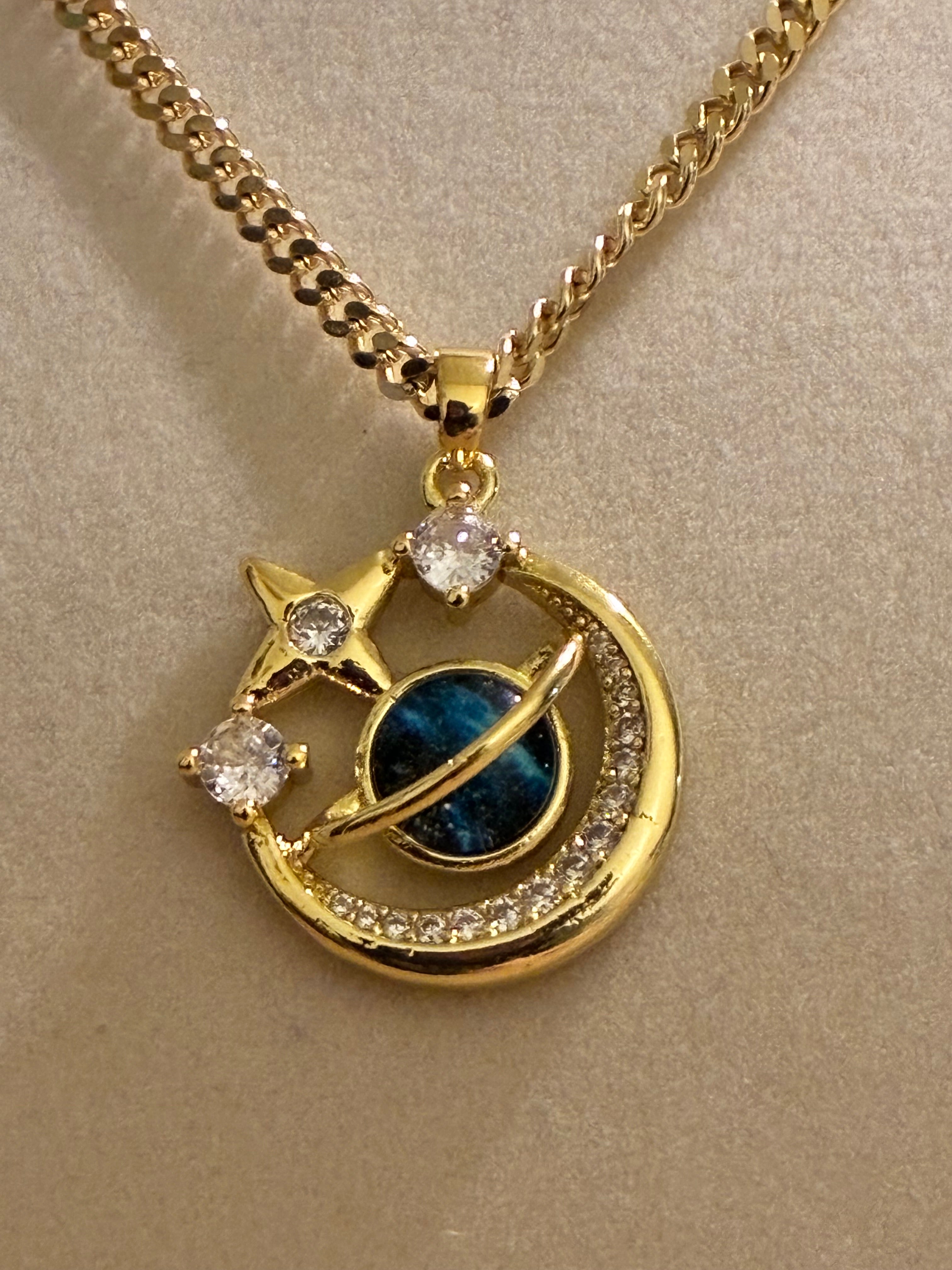 Gold plated galaxy stone moon with rhinestones