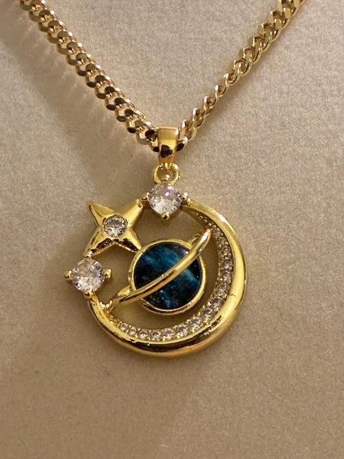 Gold plated galaxy stone moon with rhinestones
