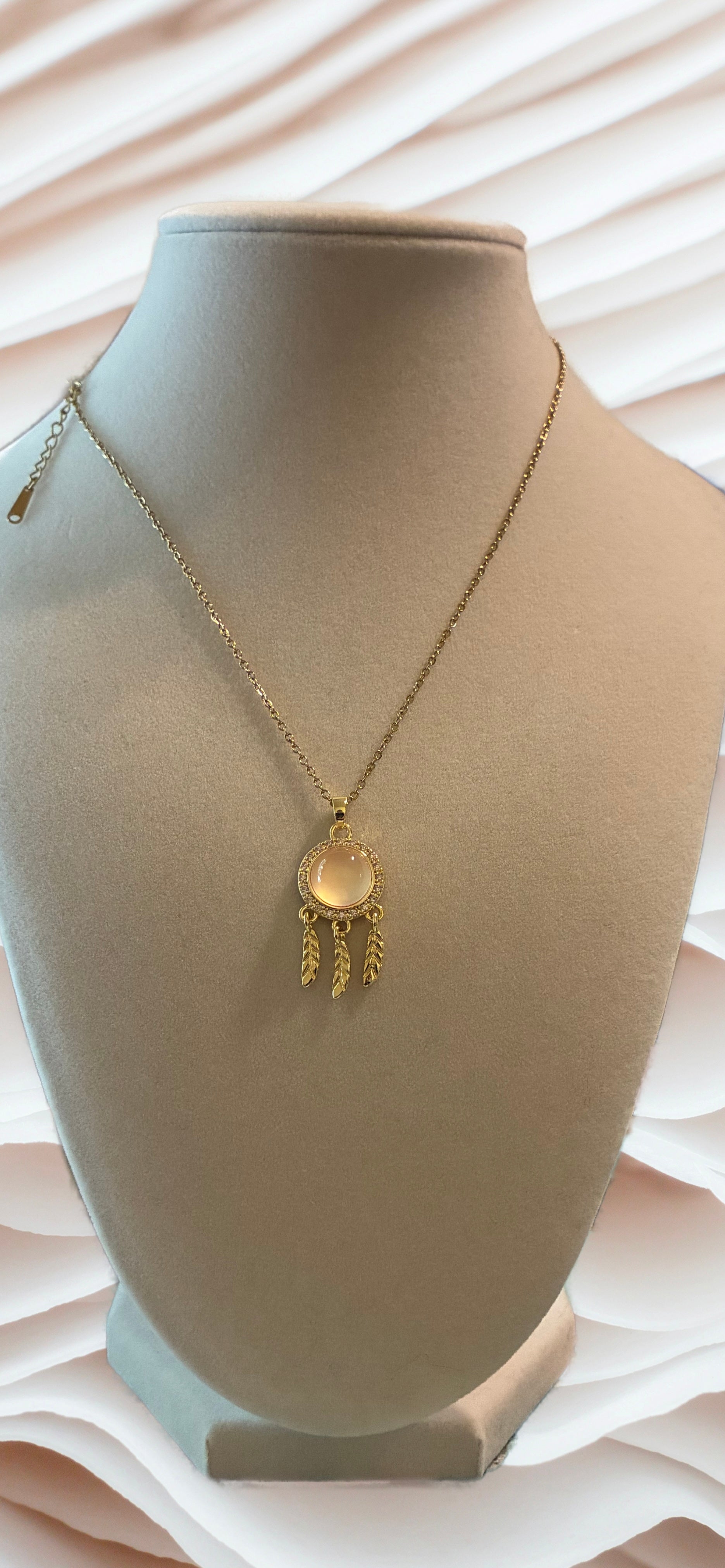 Stainless steel gold plated, dreamcatcher with moonstone and rhinestones, feather pendants