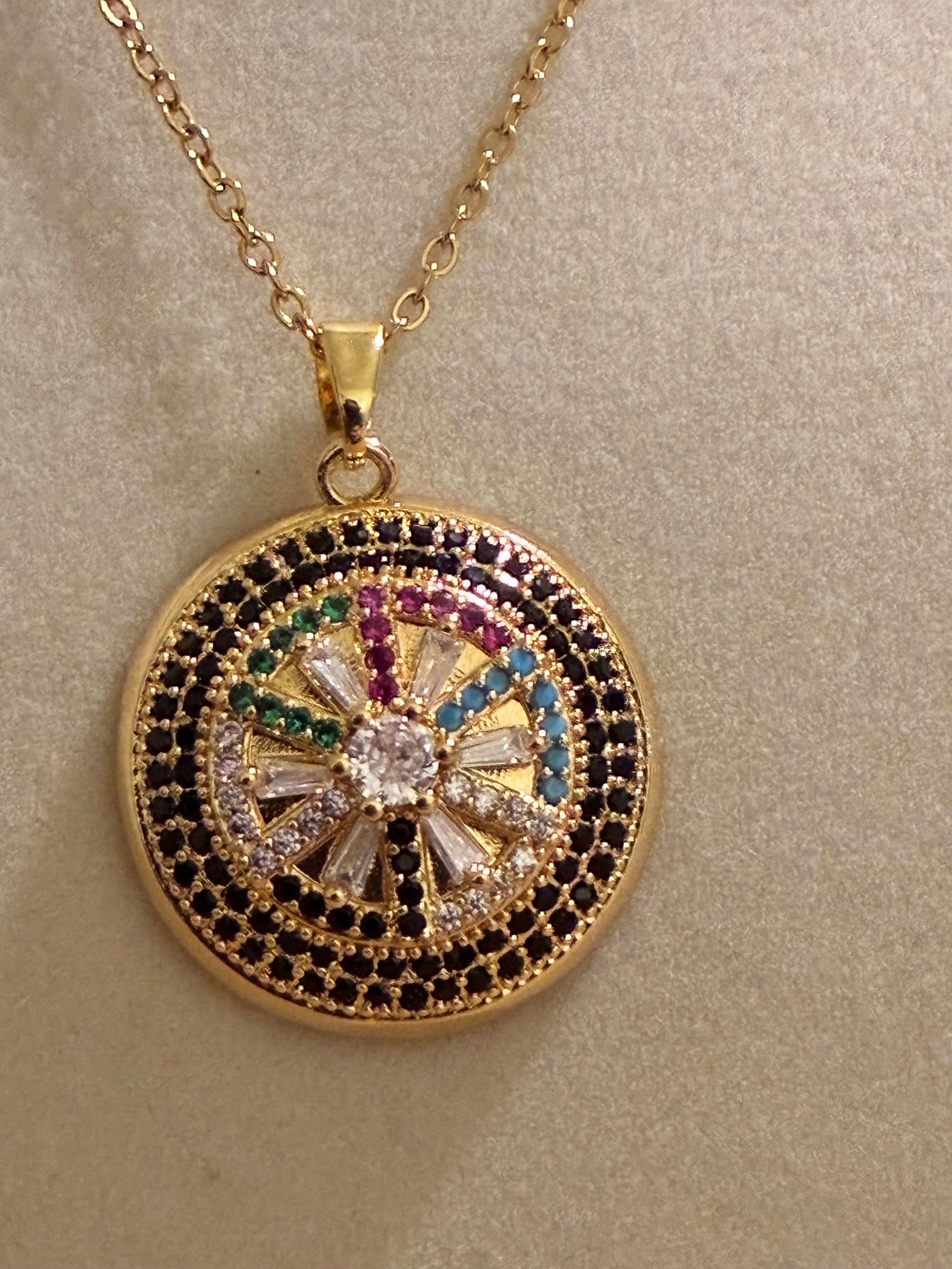 Gold plated circular evil eye pendant with zirconia stones