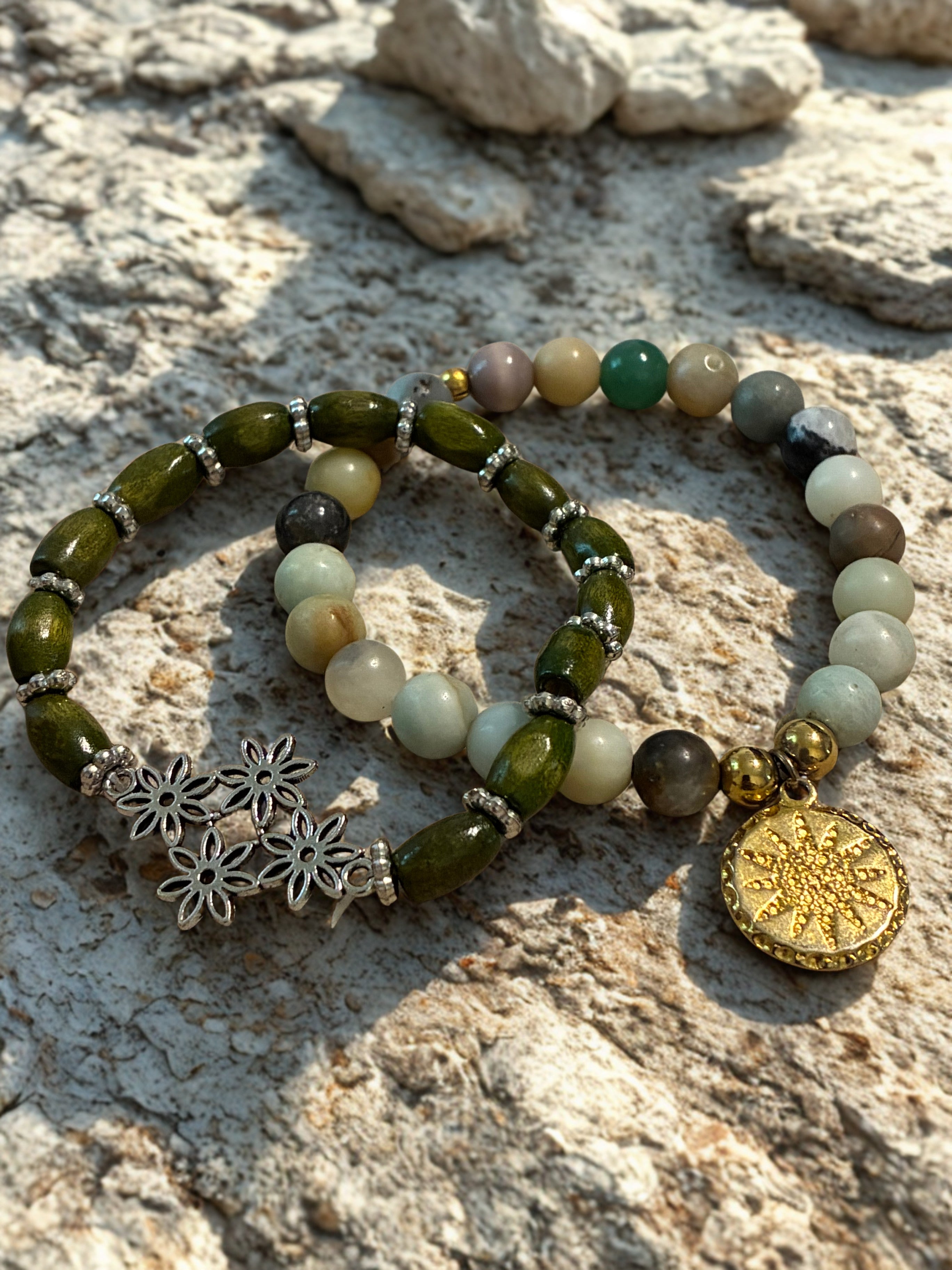 Set of 2 boho style beaded bracelet with charms ￼