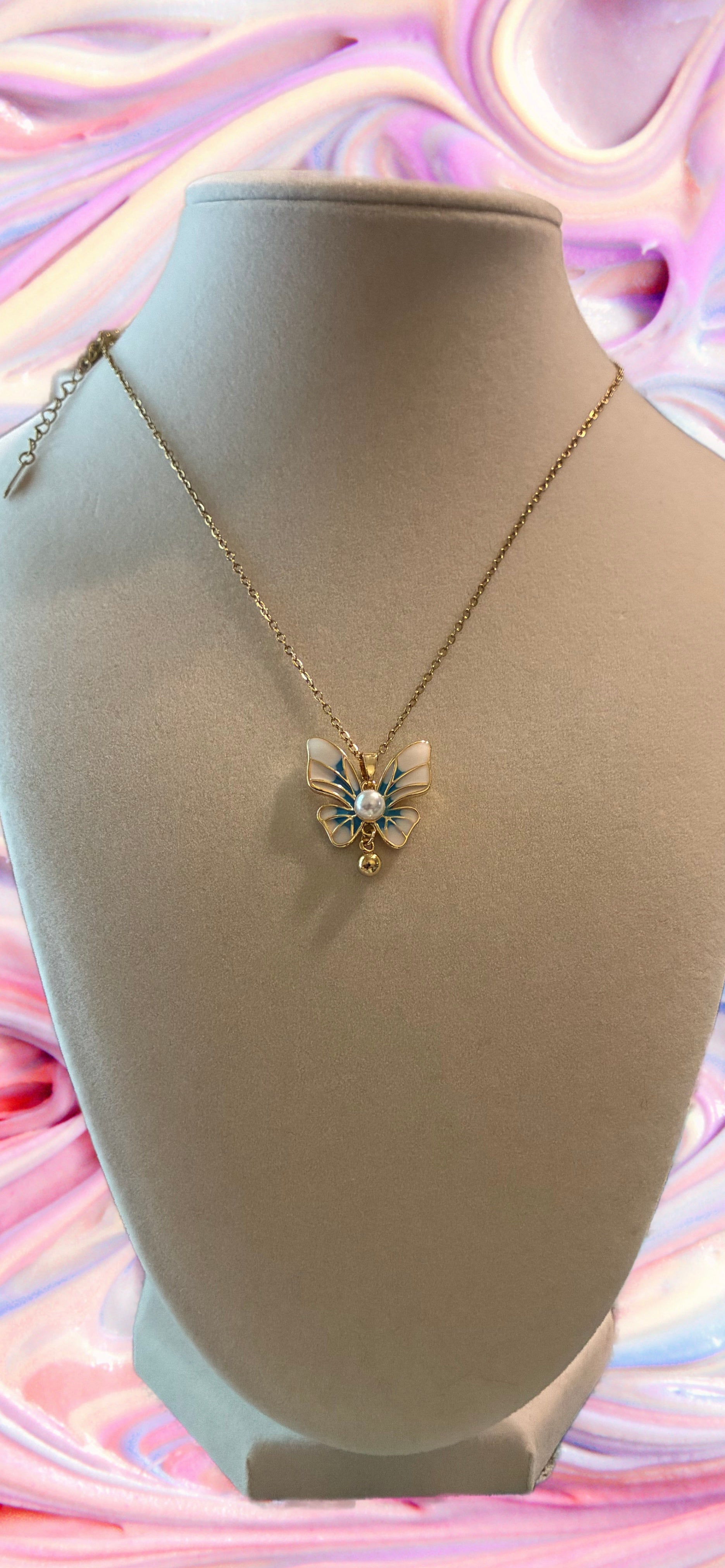 Stainless steel, gold plated, blue and white butterfly with pearl