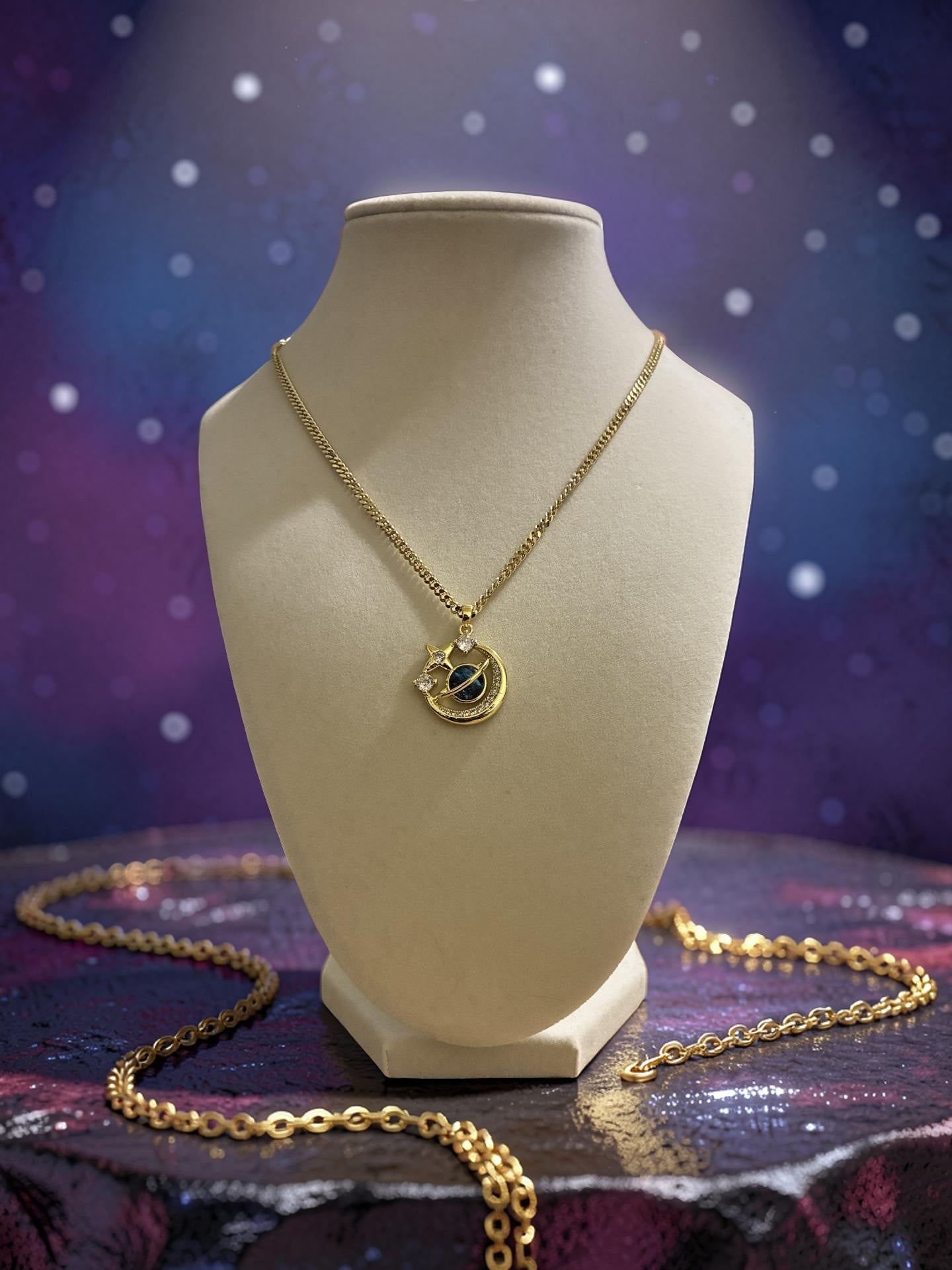 Gold plated galaxy stone moon with rhinestones