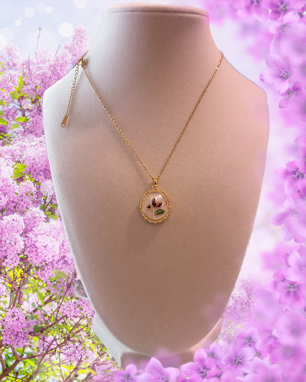 Stainless steel, gold plated, flower painting with pearl ￼