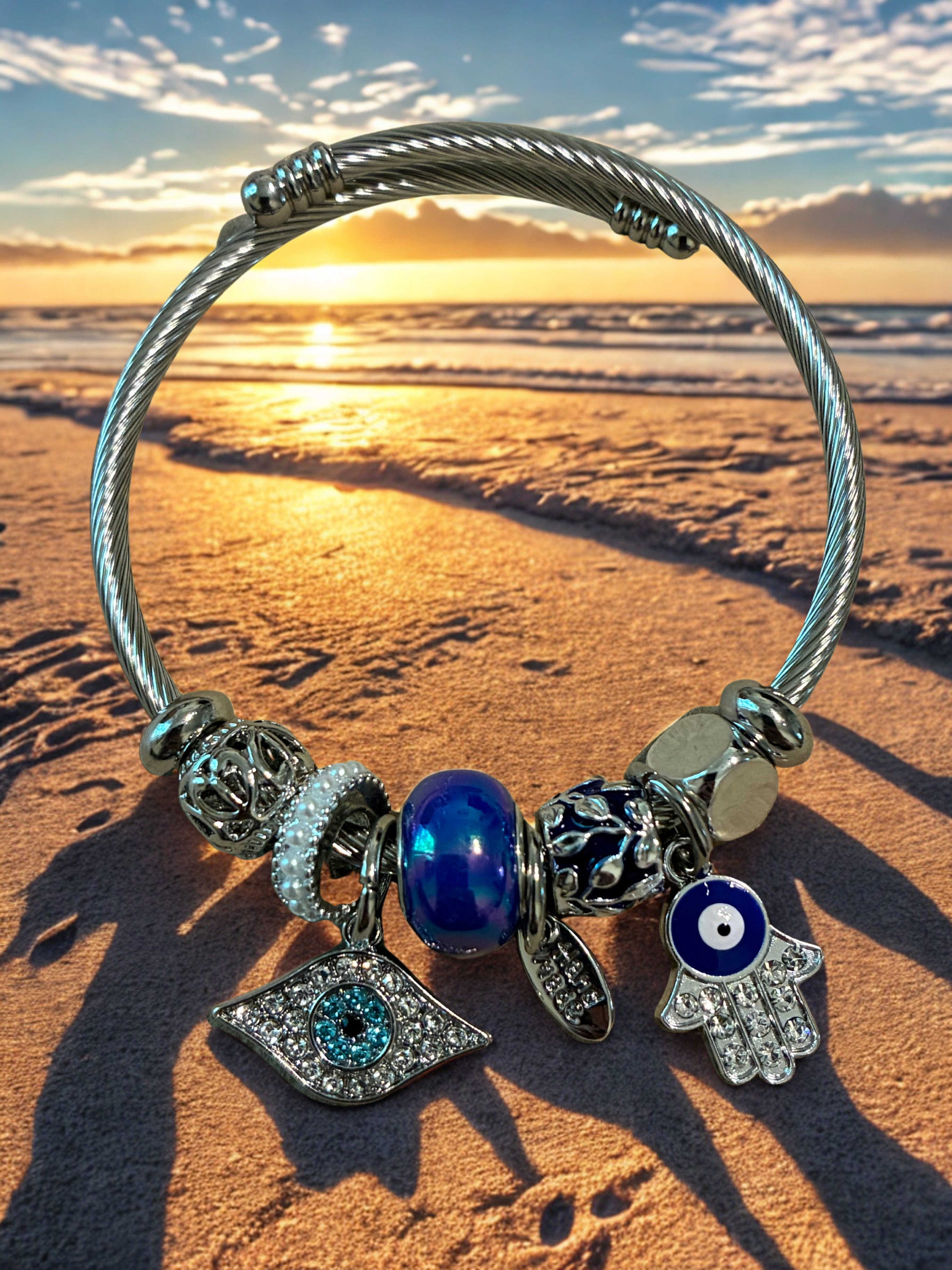 Handmade evil eye and hand charm bracelet